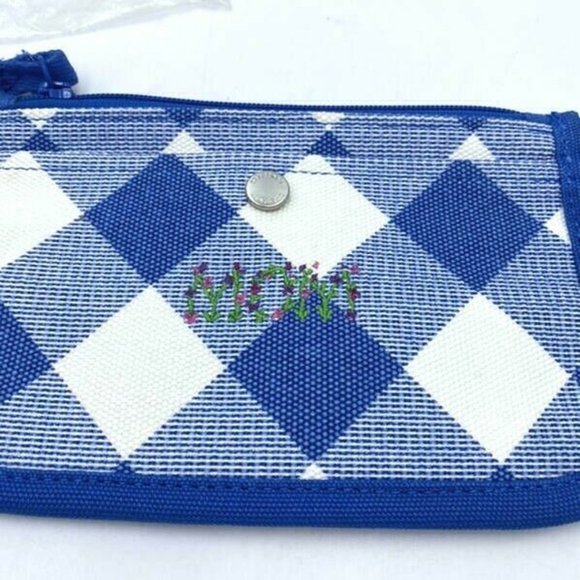 NEW Lands End Blue Embroidered Floral Mom White Plaid Gingham Canvas Wristlet - Picture 2 of 5